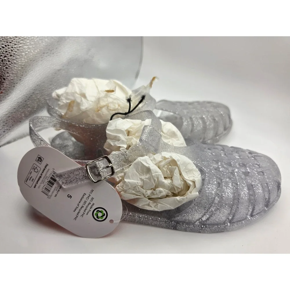 Wonder Nation Girls Clear Silver Glitter Jelly Sandals Fisherman Shoes Size 5